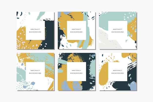 Vector set of pastel square hand drawn abstract backgrounds with artistic brush strokes and paint stains. social media post