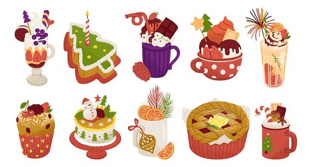 a set of pastries and drinks decorated with chocolate berries and cream sweet treats for a new years party menu for the christmas table vector illustration