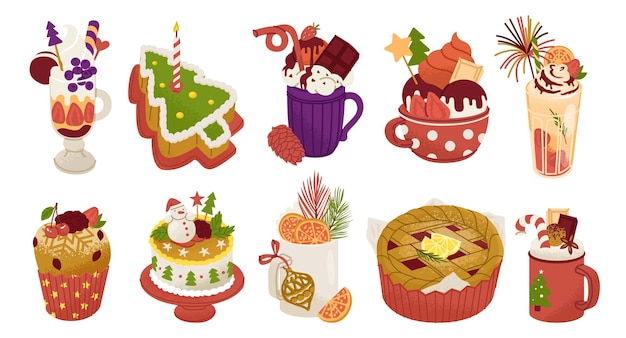 Vettore un set di pasticcini e bevande decorate con bacche di cioccolato e crema dolci per una festa di capodanno menu per la tavola di natale illustrazione vettoriale