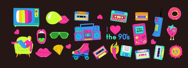 Vector set of the patch badges with tape recorder cassette rolls tv and sheet music pop art elements on a black background