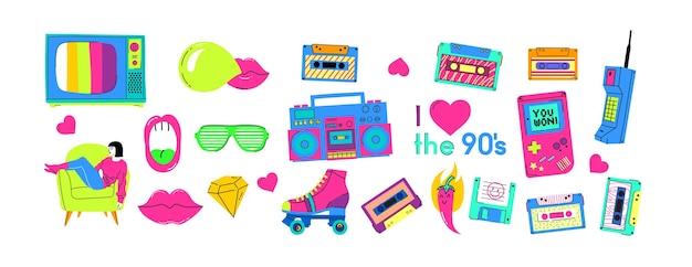 Vector set of the patch badges with tape recorder cassette rolls tv and sheet music pop art elements on a white background