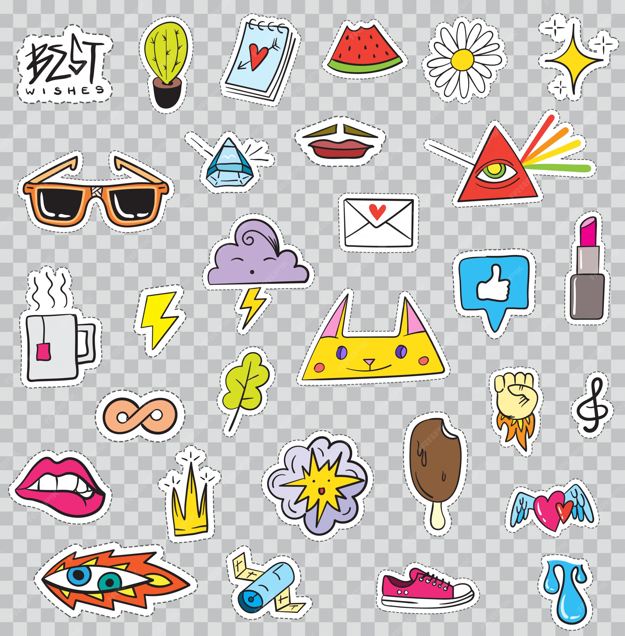 Premium Vector  Set of patches elements like flower, heart, crown, cloud,  lips, mail, diamond, eyes. hand drawn . cute fashionable stickers  collection. doodle pop art sketch badges and pins.