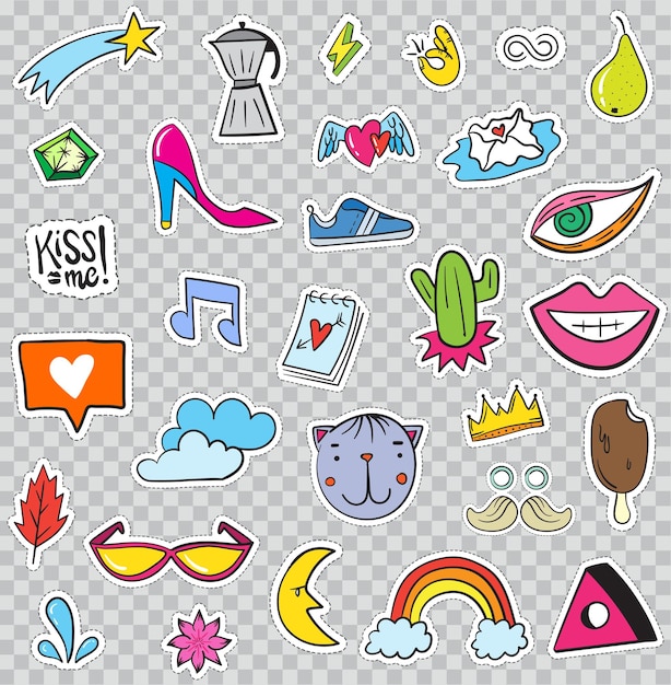 Vector set of patches elements like flower, heart, crown, cloud, lips, mail, diamond, eyes. hand drawn vector. cute fashionable stickers collection. doodle pop art sketch badges and pins.