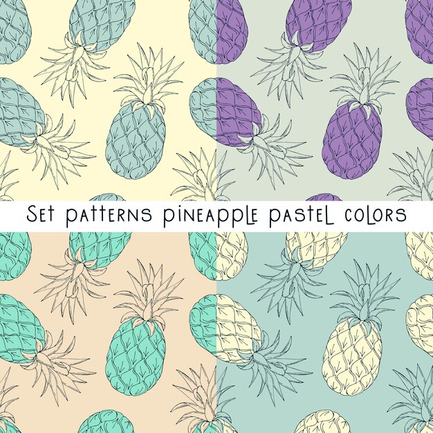 Set patterns with doodle pineapples in pastel colors.