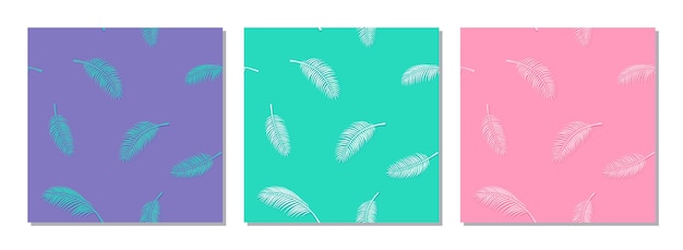 A set of patterns with palm branches. purple, turquoise and pink background. tropical. vector illustration in a flat style. for design, background, textiles, wrapping paper