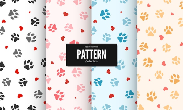 Set of paw print seamless texture. textile pattern cat footprints with hearts. cat footprint seamless pattern.