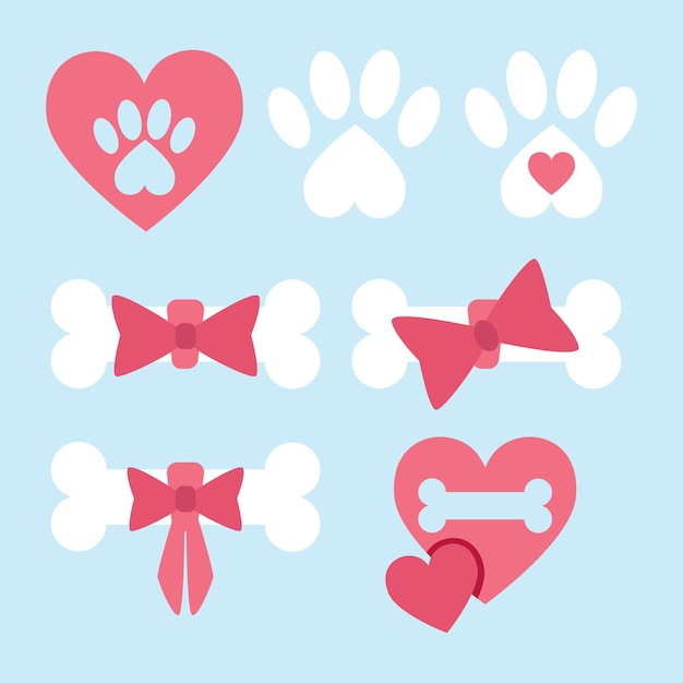 Set of paw prints and hearts and bones for dogs with bows