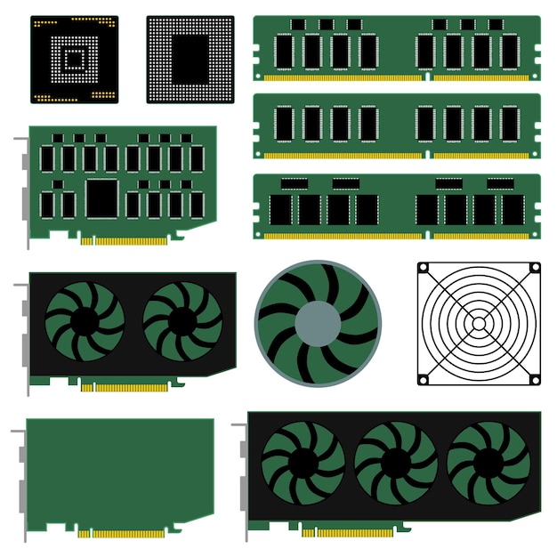 Set di hardware per pc e parti di computer isolate su sfondo bianco cpu video scheda grafica ram clipart