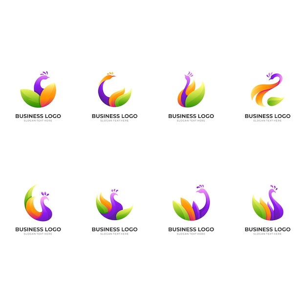 Установите логотип павлина с красочным дизайном иллюстрации, шаблон дизайна 3d