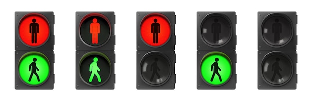 Set of pedestrian traffic lights with red and green man realistic 3d vector illustration background