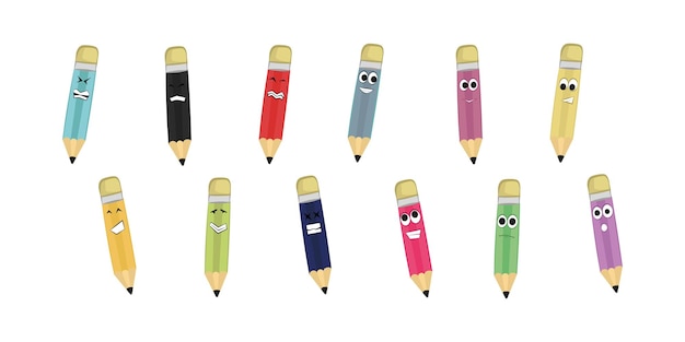 a set of pencil characters with various cheerful and colorful expressions