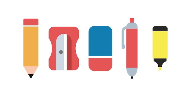 Set of pencil, sharpener, eraser, ballpoint pen, highlighter icon for web. School supllies vector