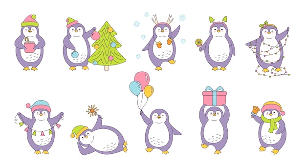 Vector set of penguin christmas illustration