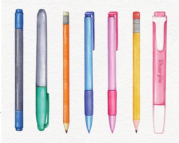 Set pennen en potloden en schrijfhulpmiddelen in aquarelstijl