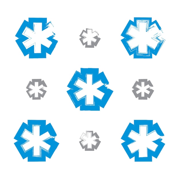 Set penseeltekening eenvoudige blauwe ambulancesymbolen, verzameling medicijnpictogrammen gemaakt met echte handgetekende inktborstel gescand en gevectoriseerd.