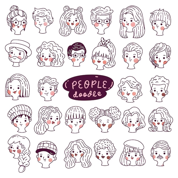 Set of people avatars hand drawn diverse faces in cartoon doodle style Vector Illustration