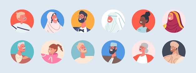 Set of people avatars isolated round icons diverse male and female men women girls or boys muslim or caucasian