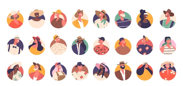 Set of People Avatars Male and Female Characters with Different Appearance Young and Mature Men or Women Portraits for Social Media and Web Design Cartoon Vector Illustration Isolated Round Icons