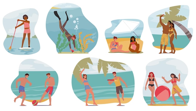 Vector set of people beach activities and fun characters riding sup board diving eating and making selfie playing ball