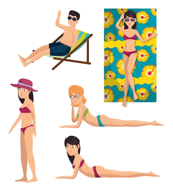 Vector set of people on beach vacation