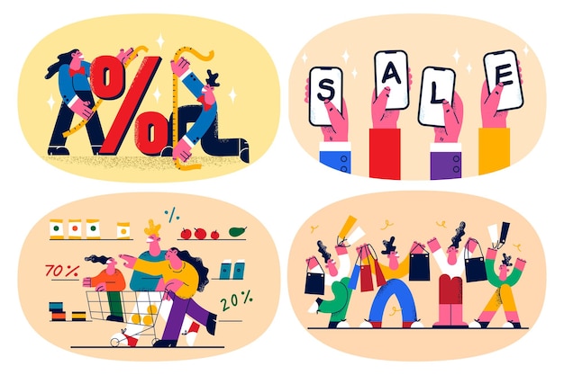 Vector set of people buyers excited with good seasonal sale or discount in store or mall. collection of clients or customers buy online or in shop on season promotion or offer. flat vector illustration.