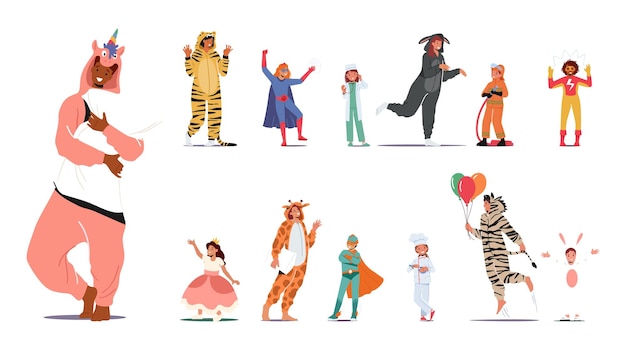 Набор людей в карнавальных костюмах. Мужские и женские персонажи. Дети и взрослые носят пижамы кигуруми с животными.