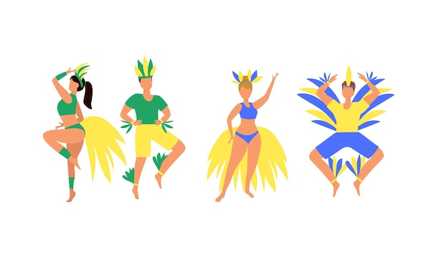 Vector set of people in carnival costumes. man and woman in carnival costume with feathers. brazil carnival