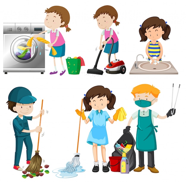 Vector set of people cleaning