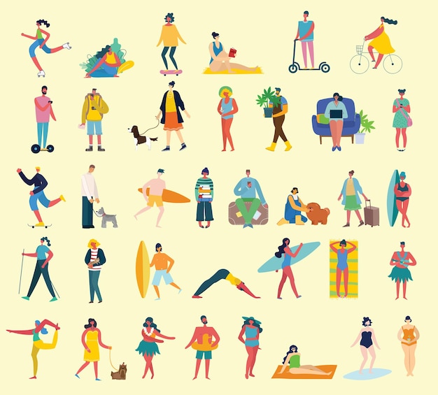 Set of people in different action illustration set