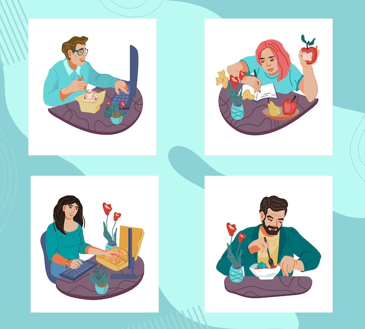 Vector set of people eating and working during lunch break  dinner time in office or at home