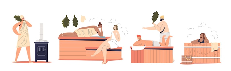 Вектор множество людей пользуются сауной и баней. герои мультфильмов отдыхают в спа-салоне. концепция процедуры отдыха и оздоровления. плоские векторные иллюстрации шаржа