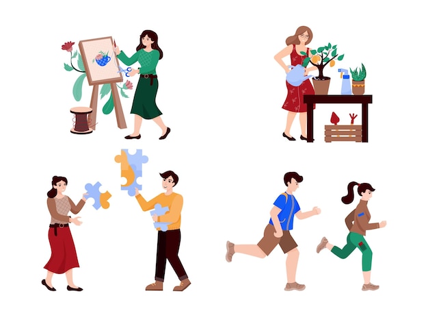 Vector set of people enjoying their hobbies performing leisure activities flat cartoon vector illustration