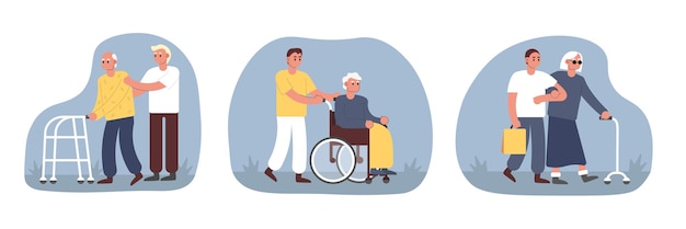 Set of people from volunteering organization helping people with disability