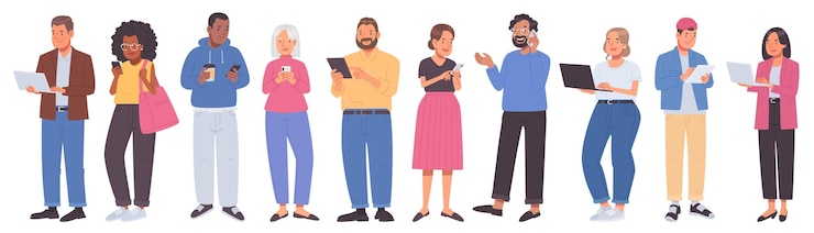 Vector set people gadgets lifestyle business men women phones tablets laptops work communicat_ai_generated