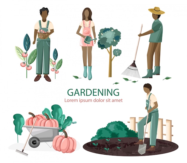 Set of people gardening