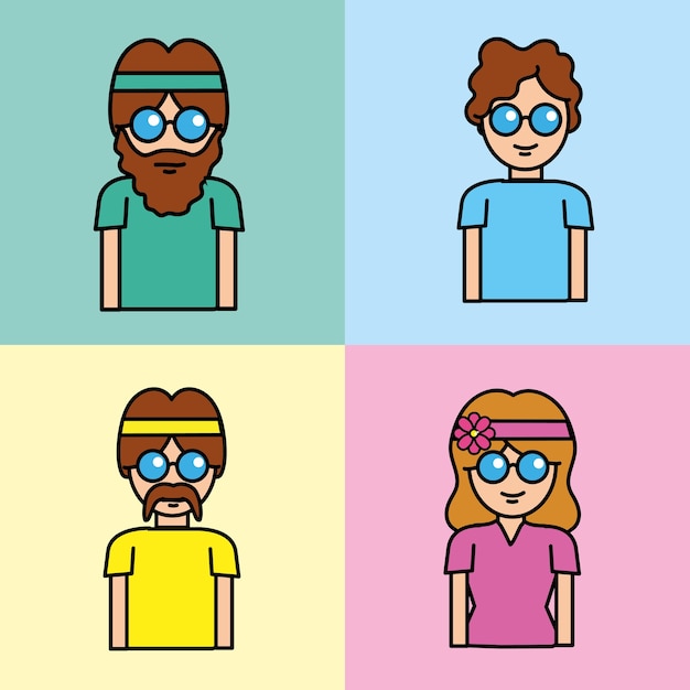 set people hippie with hairstyle and glasses