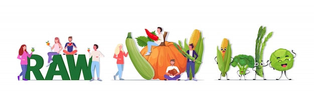 set people holding different vegetables and fruits cartoon mascot characters vegan fresh raw food concept full length horizontal