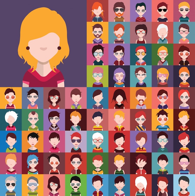 Vector set of people icons, avatars in flat style with faces