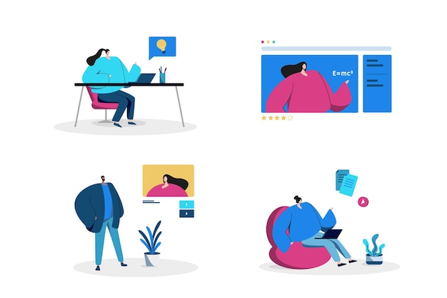 Set of people learning online and watching videos in flat design