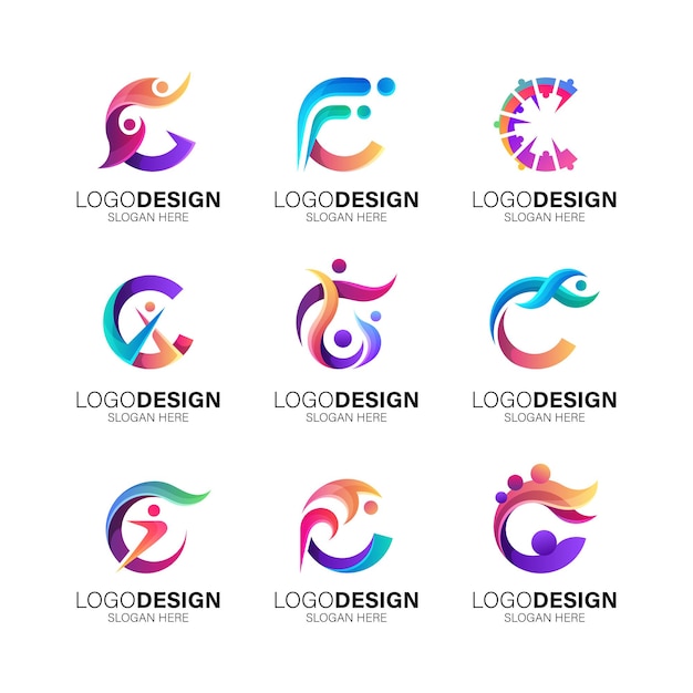 Vector a set of people and letter c for business technology and people care logo design