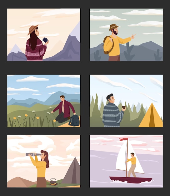 Set of people look into future vector flat illustration people travel in nature looking at sky