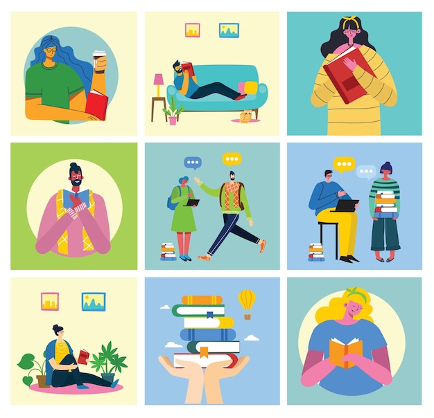 Vector set of people, men and women in different scenes