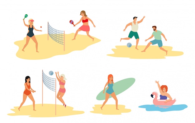 Insieme di persone che svolgono attività estive e attività ricreative all'aperto in spiaggia, in mare o in oceano - giochi, surf, nuoto in mare. illustrazione di cartone piatto colorato.