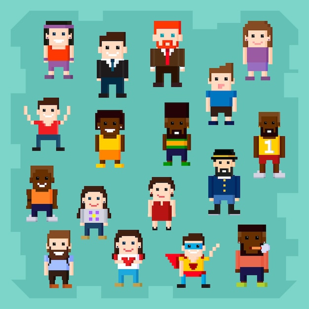 Vector set people pixel 8 bit