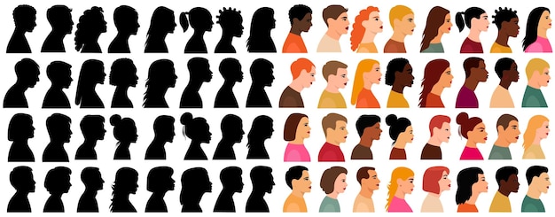 Set of people portrait in profile flat design isolated vector