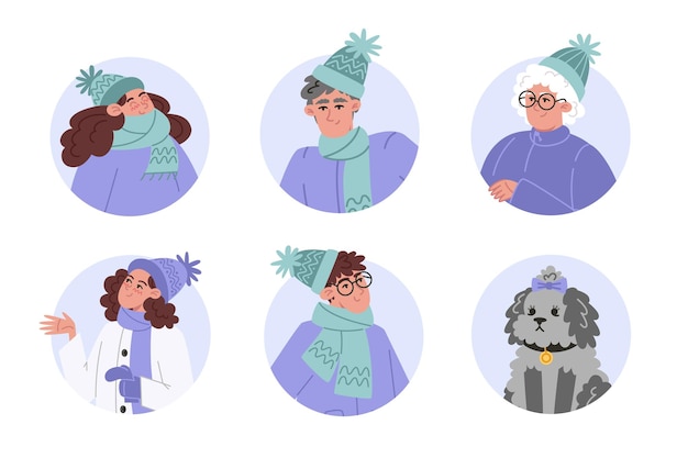 Vector set of people portraits in winter clothes and dog avatar in flat style