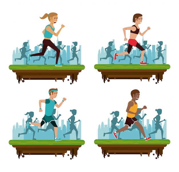 Vector set of people running on marathon