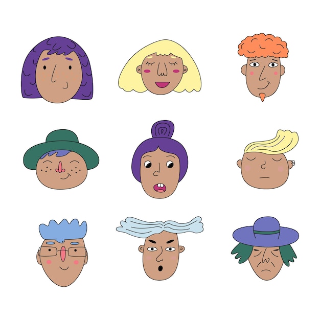 A set of people's faces in the doodle style Handdrawn flat vector illustration