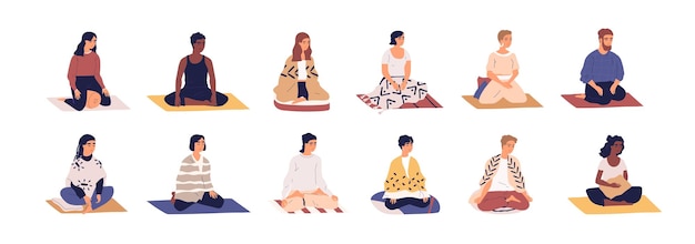 Набор людей, сидящих со скрещенными ногами в позе лотоса и практикующих йогу, медитацию и дыхательные упражнения. Спокойные и расслабленные мужчины и женщины медитируют на ковриках. Цветные плоские векторные изолированные иллюстрации.