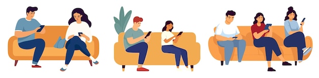 Set of people sitting on sofa with smartphones and tablets Flat vector illustration